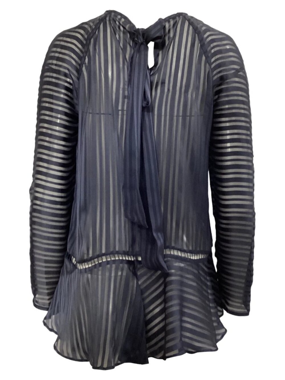 Zimmerman Dark Navy Blue Sheer Striped Peplum Blouse with Bow Small - Picture 2 of 11
